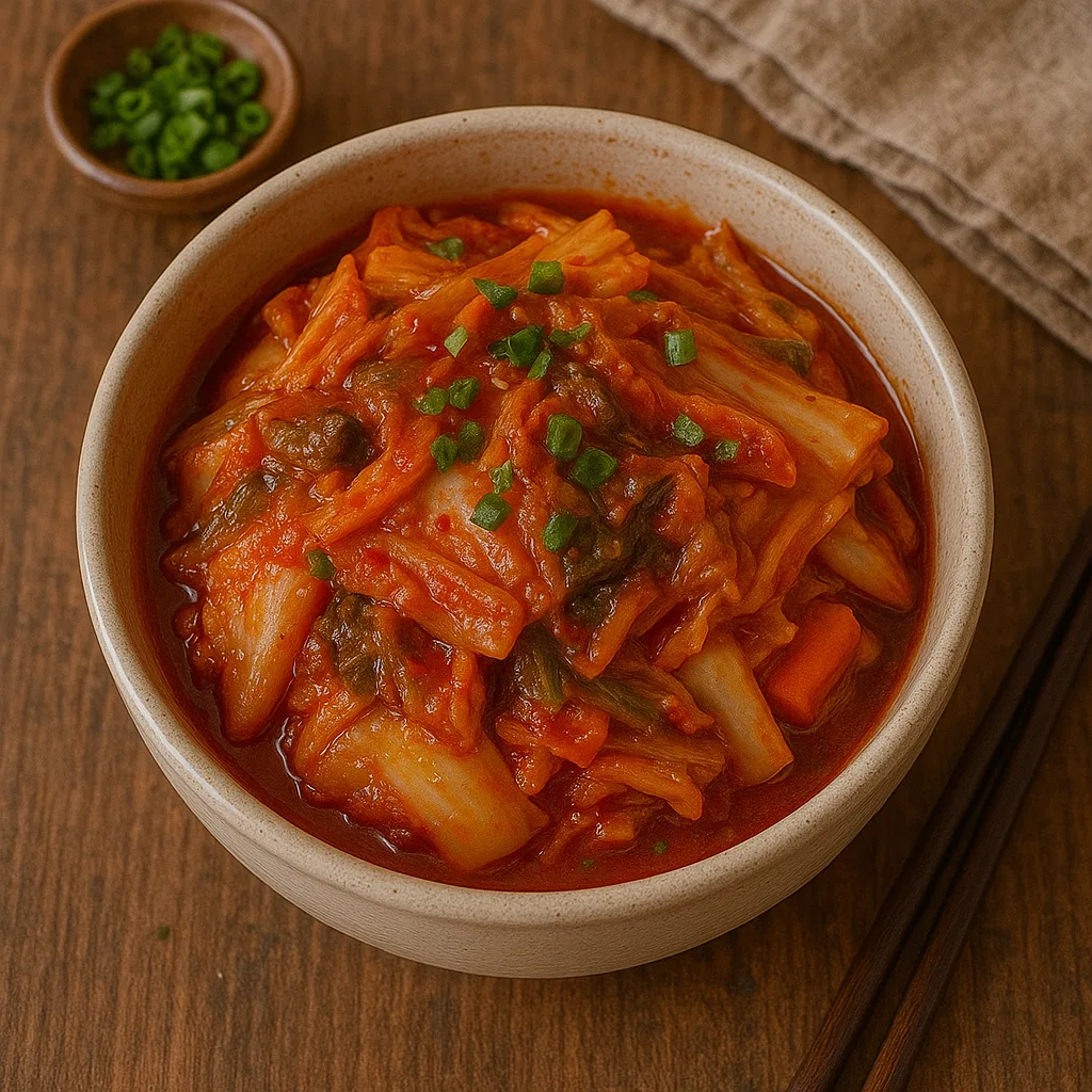 A close-up of vibrant red, spicy kimchi made from napa cabbage.