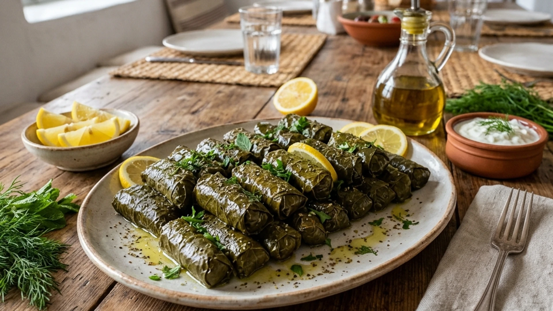 Greek stuffed grape leaves (dolmades) served with lemon wedges.